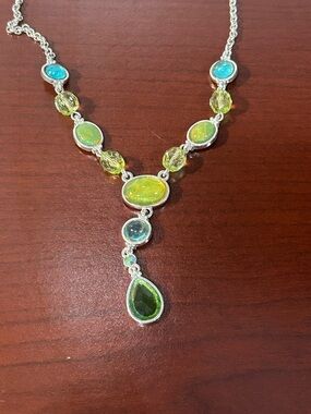 Silver Necklace with Green and Teal Gemstones and beads